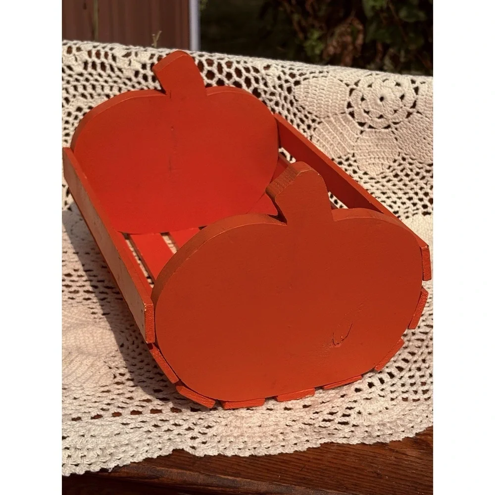 Vintage Wooden Pumpkin  Slat Basket Orange Treats Decor Halloween